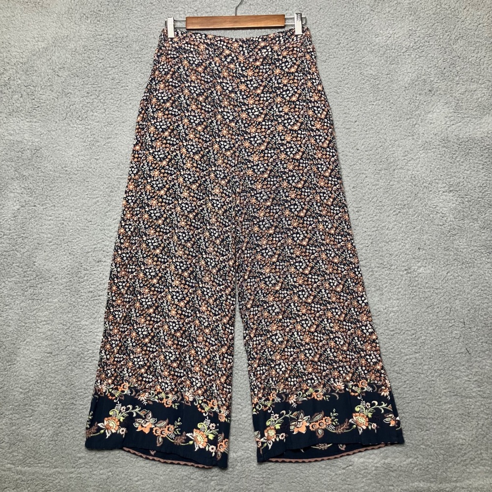 Angie Wide Leg Palazzo Pants Women L Neutral Floral Artsy Beach Hippy Boho Flowy